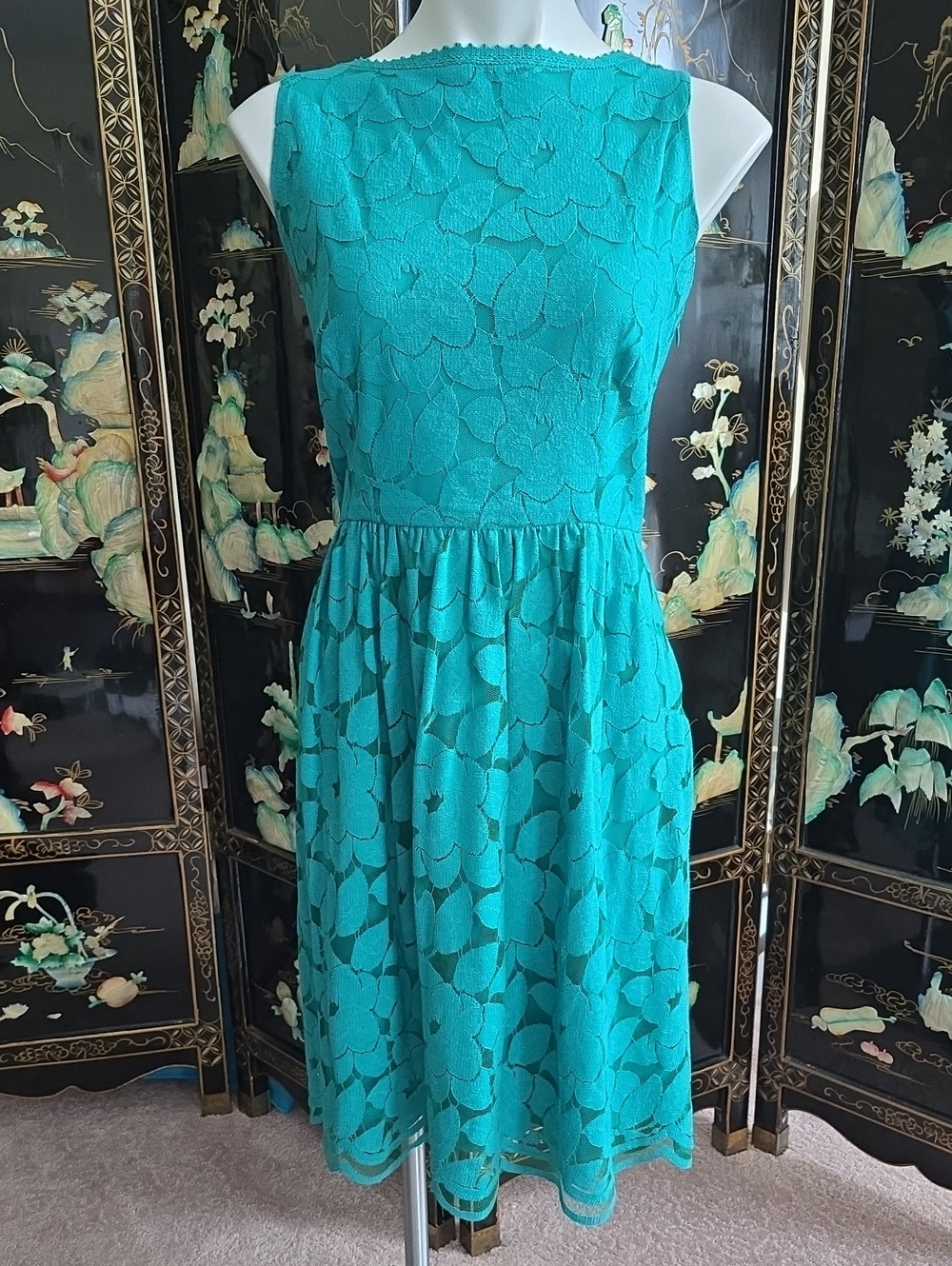 Ronni Nicole Teal Floral Lace Sleeveless Midi Dress